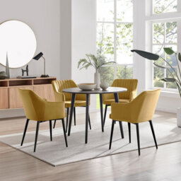 Furniturebox Uk Koko Walnut Effect Round Dining Table & 4 Mustard Calla Black Leg Chairs - thumbnail 1