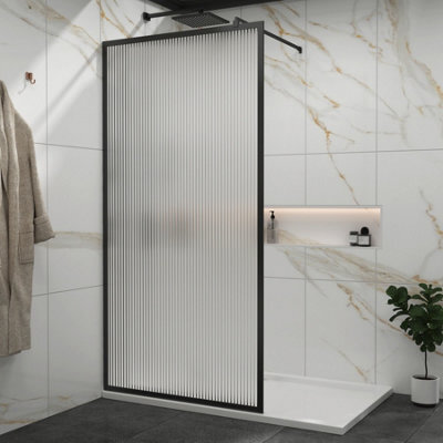 Royal Bathrooms Luxor 1200mm Walk In Wet Room Fluted Shower Enclosure Screen With Matt Black Frame 8mm Nano Glass & Support Arm - image 1