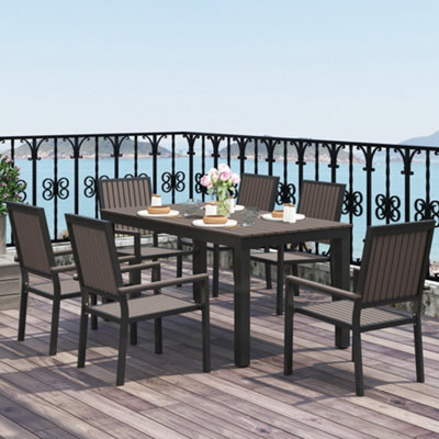 Outsunny 6 Seater Aluminium Garden Dining Set With Stackable Chairs, Brown - image 1