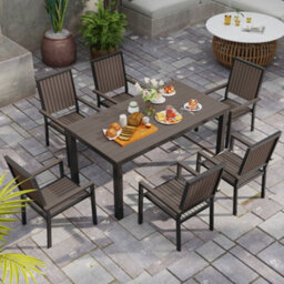 Outsunny 6 Seater Aluminium Garden Dining Set With Stackable Chairs, Brown - thumbnail 7
