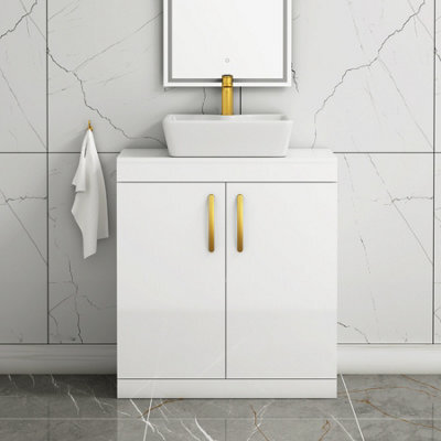 Royal Bathrooms Turin 800mm Floor Standing Vanity Unit 2 Door Gloss White & Countertop Basin - Cube With Brushed Brass Handle - image 1