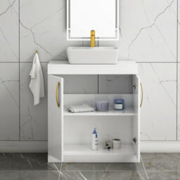 Royal Bathrooms Turin 800mm Floor Standing Vanity Unit 2 Door Gloss White & Countertop Basin - Cube With Brushed Brass Handle - thumbnail 3