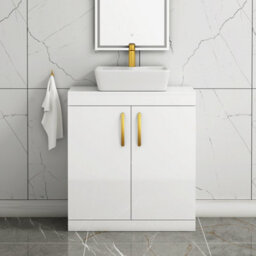 Royal Bathrooms Turin 800mm Floor Standing Vanity Unit 2 Door Gloss White & Countertop Basin - Cube With Brushed Brass Handle