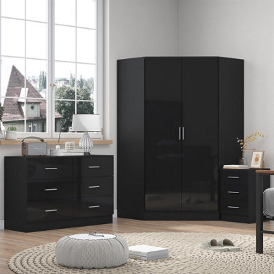 Reflect - 2 Door Corner + 6 Drawer Chest + 3 Drawer Bedside - Gloss Black / Matt Black - image 1