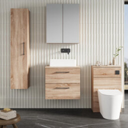 Nuie Arno Wall Hung 2-Drawer Vanity & Bleached Cuneo Oak Worktop, Stylish Counter Top Vanity Unit In Bleached Oak, 600mm - thumbnail 2