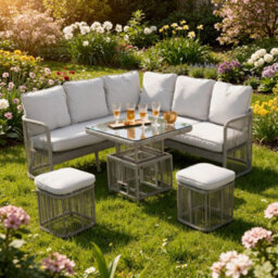 Shatchi 8 Seater Aluminium Rattan Garden Furniture Set With Adjustable Table & Ottomans - Weatherproof Outdoor Furniture - thumbnail 5