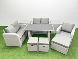Fimous Rattan Sofa Outdoor Furniture With Dining Table,2 Side Tables,love Sofa,3 Stools Patio Furniture Light Grey 8 Seater - thumbnail 1
