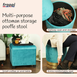 Froppi™ Premium 25L Storage Footstool, Teal Velvet Upholstered Ottoman Stool, Padded Vanity Stool, Round Footrest Stool D37 H40 Cm - thumbnail 6