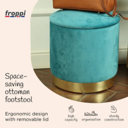 Froppi™ Premium 25L Storage Footstool, Teal Velvet Upholstered Ottoman Stool, Padded Vanity Stool, Round Footrest Stool D37 H40 Cm - thumbnail 3