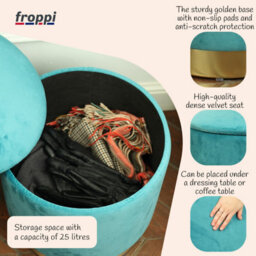 Froppi™ Premium 25L Storage Footstool, Teal Velvet Upholstered Ottoman Stool, Padded Vanity Stool, Round Footrest Stool D37 H40 Cm - thumbnail 8