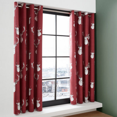 Catherine Lansfield Living Munro Stag Check 66X72 Inch Eyelet Curtains Two Panels Red - image 1