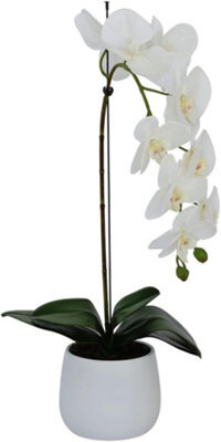 Greenbrokers Elegant Large Single Stem White Real Touch Artificial Potted Orchid (65Cm) In Round White Ceramic Pot - image 1