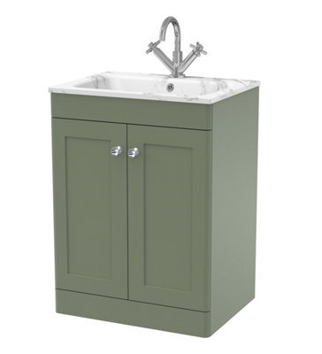 Balterley Swynnerton Traditional 2 Door Floor Standing Vanity Unit With Stone Basin, Satin Green, 600mm - image 1