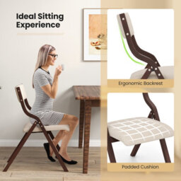Costway Set Of 2 Padded Folding Chair Wooden Counter Dining Chairs W/ Linen Fabric Seat - thumbnail 6
