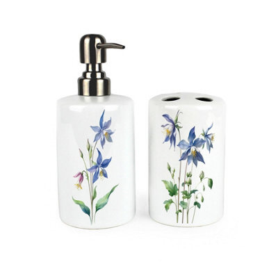 Purely Home Blue Flowers Bathroom Set - Refillable Ceramic Soap Dispenser & Toothbrush Holder - image 1