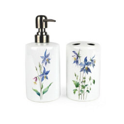 Purely Home Blue Flowers Bathroom Set - Refillable Ceramic Soap Dispenser & Toothbrush Holder