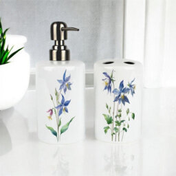 Purely Home Blue Flowers Bathroom Set - Refillable Ceramic Soap Dispenser & Toothbrush Holder - thumbnail 2