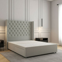 REGIONAL FURNISHINGS Silver Plush Velvet Divan Bed Set Upholstered 54Inch Headboard 2Drawers Footend & No Mattress In Double King 4Ft 6Ft Sizes