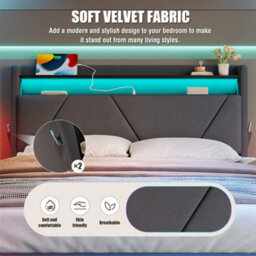 Abrihome Modern Double Bed With Led Headboard & Under-Bed Storage, Usb Ports, Quiet Slatted Base & Side Pockets,135X190Cm, Grey - thumbnail 6