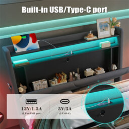 Abrihome Modern Double Bed With Led Headboard & Under-Bed Storage, Usb Ports, Quiet Slatted Base & Side Pockets,135X190Cm, Grey - thumbnail 5