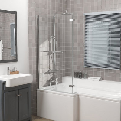 Rinse bathrooms Rinse 810X1400mm Square Bath Shower Screen Bifold 6mm Safety Glass Easy Clean Panel Frameless Pivot Screen Chrome With Towel Rail - image 1