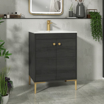 Royal Bathrooms Verona 600mm Black Woodgrain Floor Standing Vanity Unit 2 Door With Carrara White Basin & Brushed Brass Knob - image 1