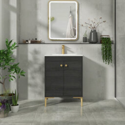 Royal Bathrooms Verona 600mm Black Woodgrain Floor Standing Vanity Unit 2 Door With Carrara White Basin & Brushed Brass Knob - thumbnail 4