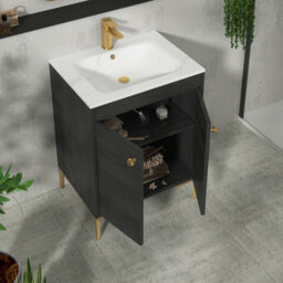Royal Bathrooms Verona 600mm Black Woodgrain Floor Standing Vanity Unit 2 Door With Carrara White Basin & Brushed Brass Knob - thumbnail 5