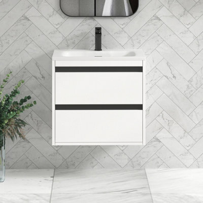 Royal Bathrooms Orion 600mm Matt White 2 Drawer Wall Hung Vanity Unit With Stone Basin & Black Strip - image 1