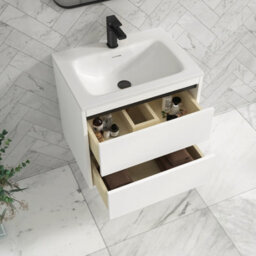Royal Bathrooms Orion 600mm Matt White 2 Drawer Wall Hung Vanity Unit With Stone Basin & Black Strip - thumbnail 4
