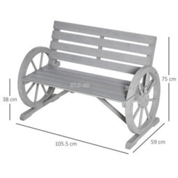 Outsunny 2 Seater Garden Bench W/ Wooden Cart Wagon Wheel Grey - thumbnail 3