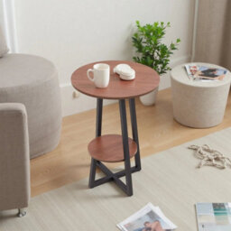 Walnut Wood Effect Small Round Sofa Side End Table Coffee Tea Table 2 Tier Shelf - thumbnail 6