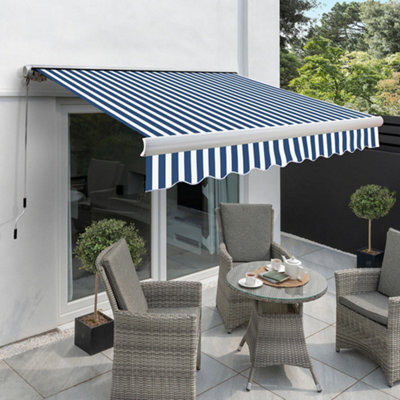 Primrose Awnings 3.0M X 2.5M Retractable Manual Full Cassette Blue & White Awning Outdoor Patio Canopy