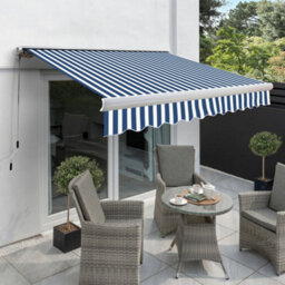 Primrose Awnings 3.0M X 2.5M Retractable Manual Full Cassette Blue & White Awning Outdoor Patio Canopy - thumbnail 1