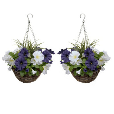 Greenbrokers 2 X Artificial Dark Purple & White Petunias Rattan Hanging Baskets (52Cm/20In) - image 1