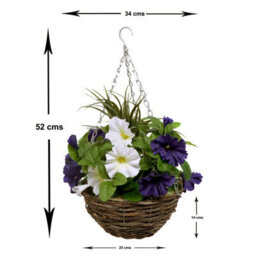 Greenbrokers 2 X Artificial Dark Purple & White Petunias Rattan Hanging Baskets (52Cm/20In) - thumbnail 2