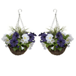 Greenbrokers 2 X Artificial Dark Purple & White Petunias Rattan Hanging Baskets (52Cm/20In) - thumbnail 1