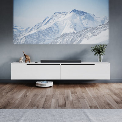 Elegant Floating Tv Unit Cabinet With Led Lights, White Wall-Mounted Tv Stand Shelf, 1800X300X350mm - image 1