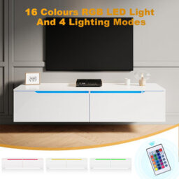 Elegant Floating Tv Unit Cabinet With Led Lights, White Wall-Mounted Tv Stand Shelf, 1800X300X350mm - thumbnail 3