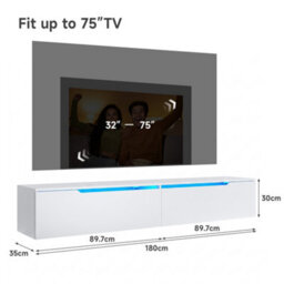 Elegant Floating Tv Unit Cabinet With Led Lights, White Wall-Mounted Tv Stand Shelf, 1800X300X350mm - thumbnail 2