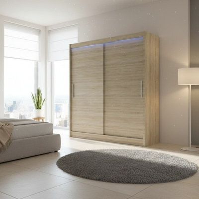 Modern Sliding Door Wardrobe Bega I 180Cm Sonoma With Led Lights - image 1