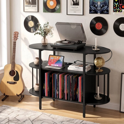 Black Large Vinyl Record Player Table Turntable Stand With Led Lights Charging Station - image 1