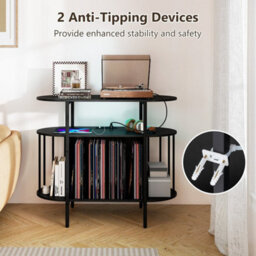 Black Large Vinyl Record Player Table Turntable Stand With Led Lights Charging Station - thumbnail 5