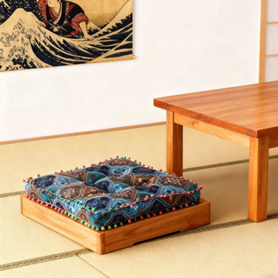 Living And Home Blue Square Faux Linen Double-Sided Chair Cushion With Pom-Pom Trim, 40Cm (W) X 40Cm (D) X 8Cm (H) - image 1