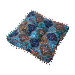 Living And Home Blue Square Faux Linen Double-Sided Chair Cushion With Pom-Pom Trim, 40Cm (W) X 40Cm (D) X 8Cm (H) - thumbnail 5