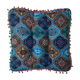 Living And Home Blue Square Faux Linen Double-Sided Chair Cushion With Pom-Pom Trim, 40Cm (W) X 40Cm (D) X 8Cm (H) - thumbnail 4