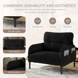 Abrihome Corduroy Fabric, Comfortable Monochrome Single Person Wide Seat Chair, Suitable For Living Rooms And Bedrooms, Black - thumbnail 3