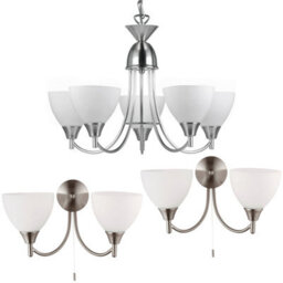 5 Lamp Ceiling & 2X Twin Wall Light Pack Satin Chrome Glass Matching Fittings - thumbnail 1