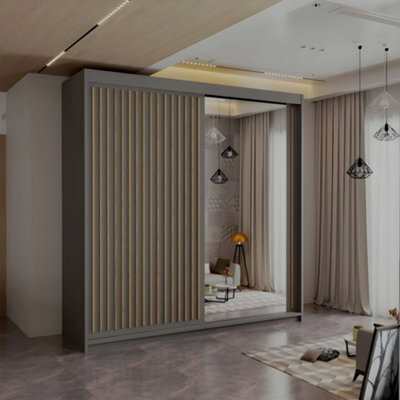 M N Furniture Ltd Wardrobe With Led Light - Modern Sliding Wardrobe - 2 Or 3 Door Bedroom Cabinet With Mirror (Grey/oak, 203Cm) - image 1
