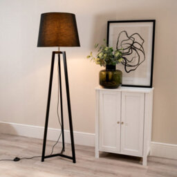 Valuelights Lottie Black Wood Tripod Floor Lamp With Black Tapered Shade - Led Bulb Included